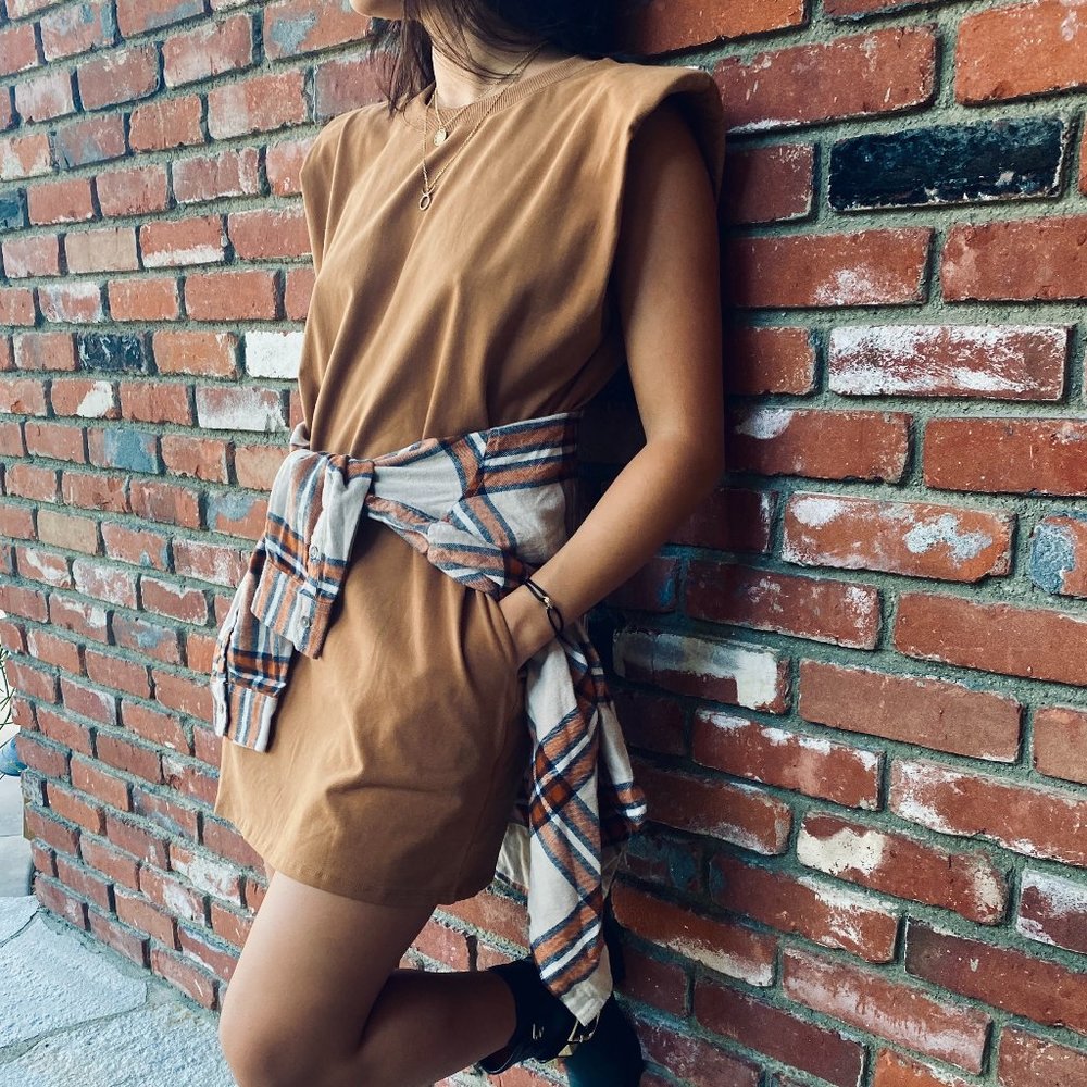 NWT Cognac Padded Muscle Shirt Dress - Picture 2 of 4